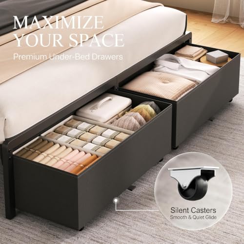 Queen Bed Frame with 2 Storage Drawers, Grey Upholstered