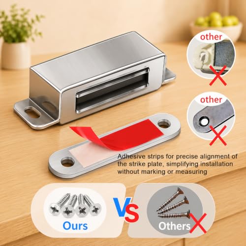 Strong Cabinet Magnets for Closure 40 lbs 4 Pack - Hold Warped Doors Tight | Magnetic Door Catches/Latches Stainless Steel for Cupboard Closet Drawer Window - No Measure or Mark Install in 5 Mins