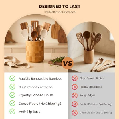 360° Rotating Checkered Bamboo Utensil Holder for Countertop | 6.5" Large Capacity, Kitchen Utensil Crock Organizer for Spatulas & Spoons