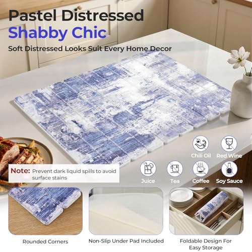 Findosom Large Stone Dish Drying Mat for Kitchen Counter, 23.6" × 15.3" Foldable Non-Slip Stone Drying Mat with Abstract Pattern, Heat Resistant Diatomaceous Earth Mat for Bath, Dishes, Cups, Blue
