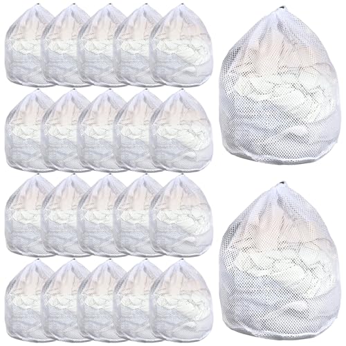 20 Pcs Mesh Laundry Bags Bulk with Drawstring 20 x 24'' White Heavy Duty Mesh Bag Machine Washable Sturdy Large Net Laundry Wash Bag for Dormitory College Apartment Travelling Camping