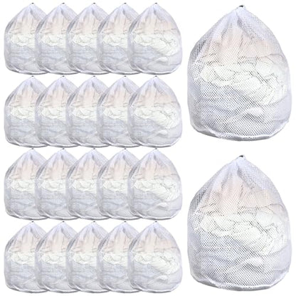 20 Pcs Mesh Laundry Bags Bulk with Drawstring 20 x 24'' White Heavy Duty Mesh Bag Machine Washable Sturdy Large Net Laundry Wash Bag for Dormitory College Apartment Travelling Camping