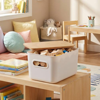 Citylife Storage Bins with Bamboo Lids 7QT Plastic Storage Containers Stackable Organizer Boxes with Handle for Desk Snacks, Toys, 4 PCS, 10" L x 7" W x 5.8" H