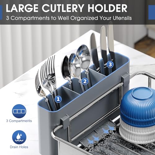 Urackify Stainless Steel Dish Drying Rack for Kitchen Counter, 16.9" x12.4" | Rustproof dish rack with utensil holder, 16.9" L x 12.4" W Large Capacity, Dish Drainer for Plates Dishes Sliverware, Grey