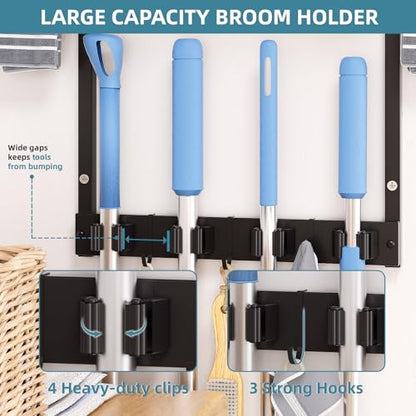Wall Mount Broom Mop Holder, Cleaning Organizer with Storage Shelf | Wall Mount Broom & Mop Holder with Shelf. Organizes cleaning tools, space-saving, easy install for kitchen, laundry & garage.