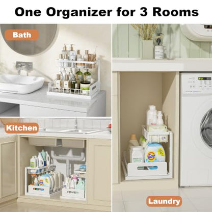 Under Sink Organizer, L-Shaped 2 Tier Pull Out Cabinet Organizer | Slide Out Under Cabinet Storage, For Kitchen and Bathroom, Metal Under Sink Storage with Sliding Drawer, 50 lbs, White 2 Pack