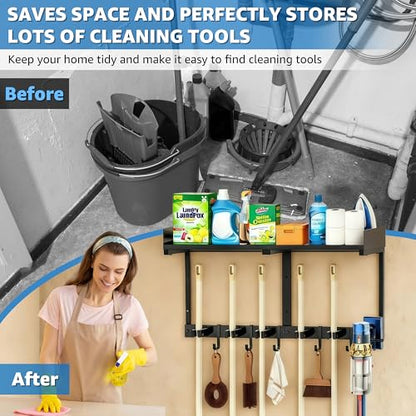 27" Mop and Broom Holder Wall Mount with Top Storage Shelf & Hooks,Black | Mop Hanger Wall Mount, 5 Grippers, 5 Hooks, Wall Organizer For Laundry Room, Garage And Kitchen
