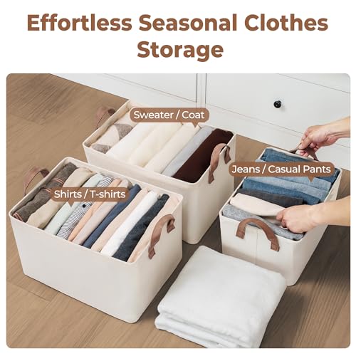 StorageWorks Fabric Storage Bins, Large Storage Baskets for Shelves, Closet Organizers and Storage Bins with Metal Frame, Handles, Natural Color, 2-Pack