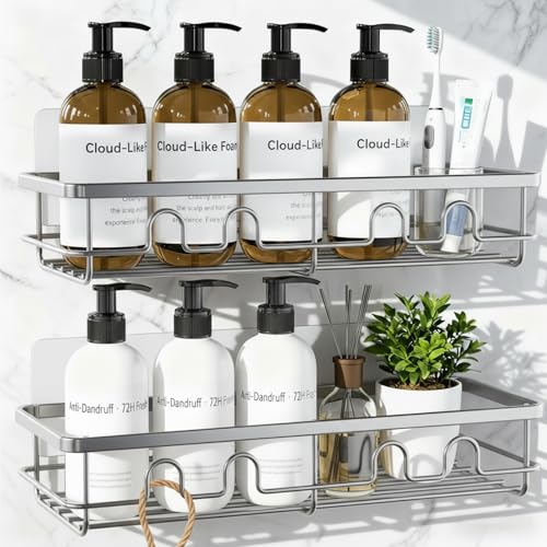 Adhesive Shower Caddy, Large Capacity Shower Racks for Inside Shower, No Drill Bathroom Shower Organizer and Storage, 2 Pack Silver Bathroom Shelves, Home Decor Rv Accessories, Apartment