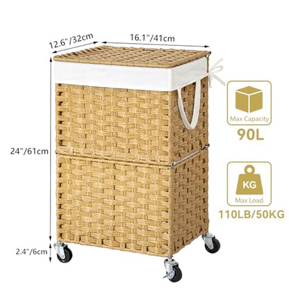 Chrislley Wicker Laundry Basket with Wheels,Rolling Laundry Hamper with Lid | 90L Slim Clothes Hamper with Wheels & Removable Liner Bag, Handwoven Rattan Laundry Organizer for Bedroom, Bathroom, Yellow