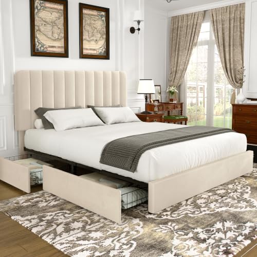 VECELO Queen Size Upholstered Bed Frame with 4 Drawers and Headboard, Velvet Platform Storage Bedframe, Wooden Slats Support, No Box Spring Needed, Beige