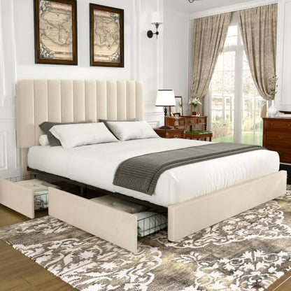 VECELO Queen Size Upholstered Bed Frame with 4 Drawers and Headboard, Velvet Platform Storage Bedframe, Wooden Slats Support, No Box Spring Needed, Beige
