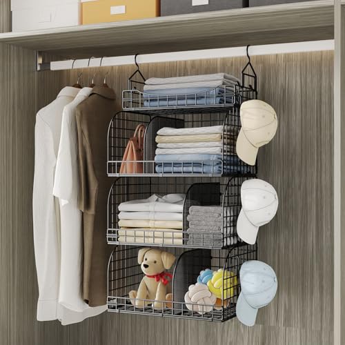 HapiRm Hanging Closet Organizer Storage - 4 Tier Metal Stackable Hanging Closet Shelves with Dividers and S Hooks, Foldable Clothes Shelves for Clothes, Pants, Shoes, Coat, Hats Clutches Accessories