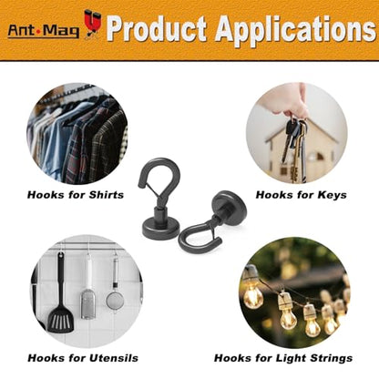 Ant Mag Magnetic Hooks Heavy Duty 22LBS Strong Magnet Snap Hooks 16 Pack | Great Hanging for Refrigerator, Cruise Cabin, Grill, Wreath, Kitchen, Office, No Drilling Secure Hold Black