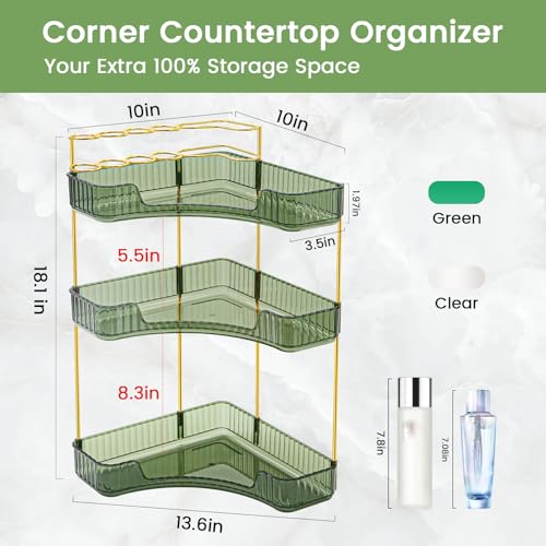 Makeup Organizer 3 Tier Bathroom Counter Organizer with Makeup Brush Holder | Corner Bathroom Organizer Countertop, Acrylic Counter Storage for Bathroom Dresser, Skincare Perfume Organizer- Green