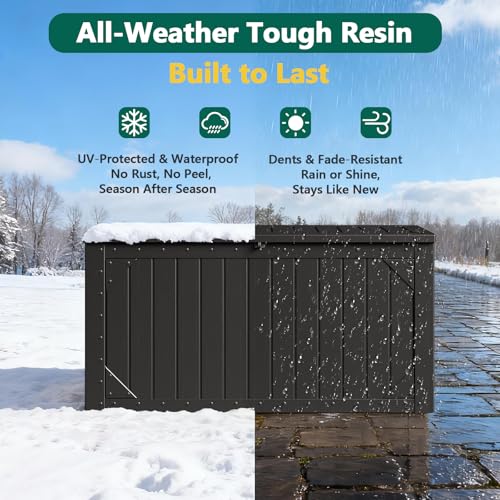 Outdoor Storage Box, 98 Gallon Deck Box, Outdoor Storage Bench, Waterproof Resin Storage Bench with Lockable Lid, Patio Furniture Cushions & Garden Tools Storage, UV Resistant (Black)