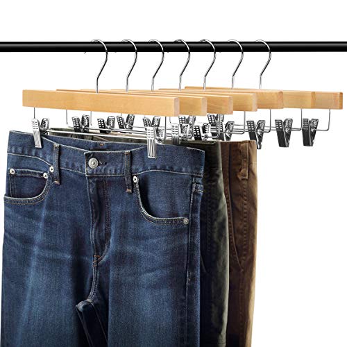 20pcs Wooden Pants Hangers Solid Pants Hanger with Adjustable Clips 14 Inch Natural Wood Skirt Hangers Trousers Bottom Hanger with Non-Slip Clips and 360° Swivel Hook