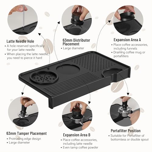 Espresso Tamping Mat, Coffee Tamper Mat, Food Grade Silicone 10.43″×5.63″ Portafilter Mat for Barista Espresso Machine Acceessories, Waterproof Heat Resistant Tamp Station for counter (Black)