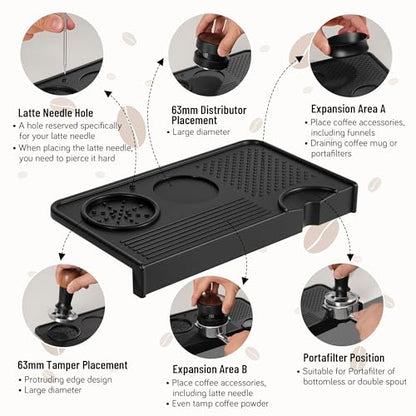 Espresso Tamping Mat, Coffee Tamper Mat, Food Grade Silicone 10.43″×5.63″ Portafilter Mat for Barista Espresso Machine Acceessories, Waterproof Heat Resistant Tamp Station for counter (Black)