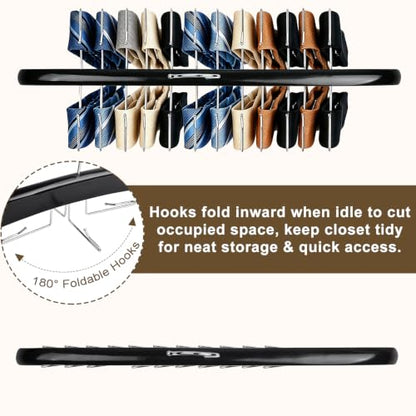 2 Pack Tie Rack Hanger, 24 Hooks Each, Space Saving Wooden Tie Organizer for Men, Holds Up to 24 Ties Belts Scarves, 360° Rotating Anti-Slip Rustproof Foldable Steel Hooks, No Wrinkles