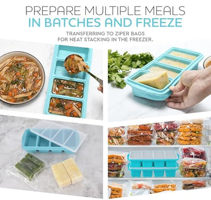 Silicone Freezer Tray With Lid - Soup Freezer Container molds - Large Ice Cube Tray- makes 8 perfect 1 cup portions cubes, 2-Pack Freezer Storage Food Soups & Meal Prep - Oven & Dishwasher -Safe