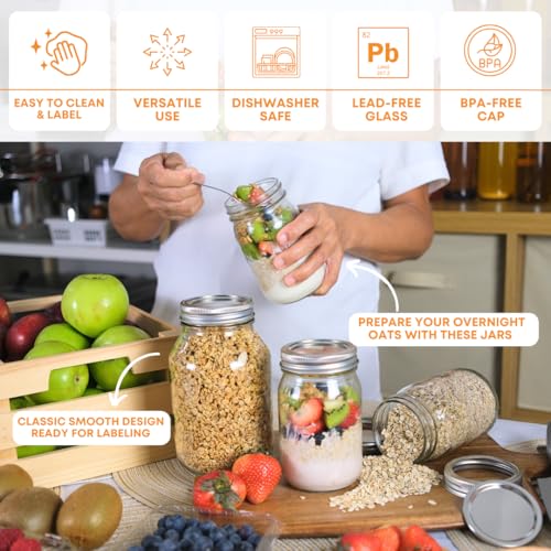 32 oz Mason Jars with Lids - 2-Pack Regular Mouth Quart Canning Set | Airtight 32oz Mason Jars | Quart Canning Jars for pickling, fermentation, food storage, crafts and kombucha brewing