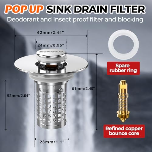 Bathroom Sink Drain Strainer(2PCS), Stainless Steel Pop-up Strainer Basket Hair Catcher with Removable Basket, Brass Bullet Core, Universal Fit 1.1-2.36 Inch