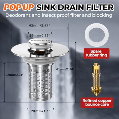 Bathroom Sink Drain Strainer(2PCS), Stainless Steel Pop-up Strainer Basket Hair Catcher with Removable Basket, Brass Bullet Core, Universal Fit 1.1-2.36 Inch