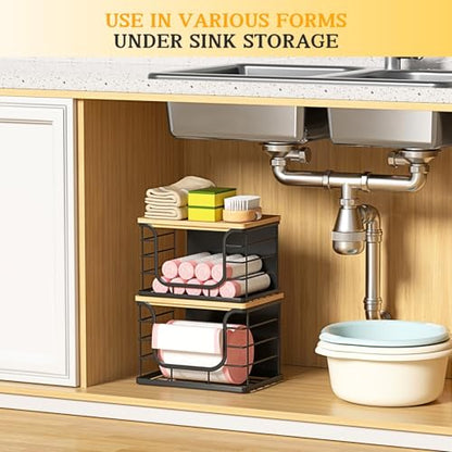 Magnetic Shelf for Fridge Trash Bag Organizer, 2 Pack, Black | Stackable Garbage Bag Holder, Bamboo Lid, Magnetic Storage Bin, For Refrigerator, Under Sink, Kitchen, Pantry
