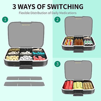 Restree Pill Organizer, Large & Moisture Proof Travel Pill Case, Adjustable Dividers for Daily Vitamins, Supplements, Fish Oil - Portable Medicine Box for Home & On-The-Go, 9 Compartment (Black)