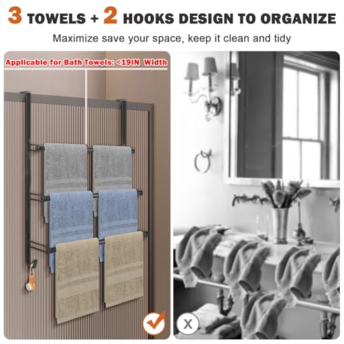 3-Tier Over The Door Towel Rack, All Metal Towel Rack with Hooks for Door Hanging, Behind Door Towel Bar Towel Storage Holder for Bathroom Accessories, Black (19.37" L x 5.9" W x 24.4" H)