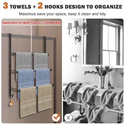 3-Tier Over The Door Towel Rack, All Metal Towel Rack with Hooks for Door Hanging, Behind Door Towel Bar Towel Storage Holder for Bathroom Accessories, Black (19.37" L x 5.9" W x 24.4" H)