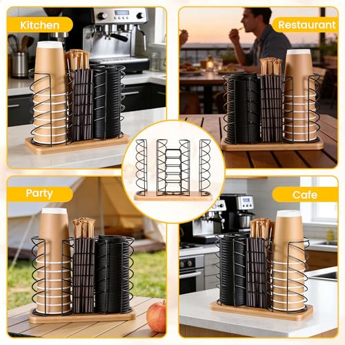 Coffee Station Organizer for Countertop, Cup and Lid Organizer with Straw Holder, 3 Section Disposable Cup Dispenser Rack with Bamboo Base for Office, Cafe, Kitchen, Break Room