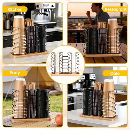 Coffee Station Organizer for Countertop, Cup and Lid Organizer with Straw Holder, 3 Section Disposable Cup Dispenser Rack with Bamboo Base for Office, Cafe, Kitchen, Break Room