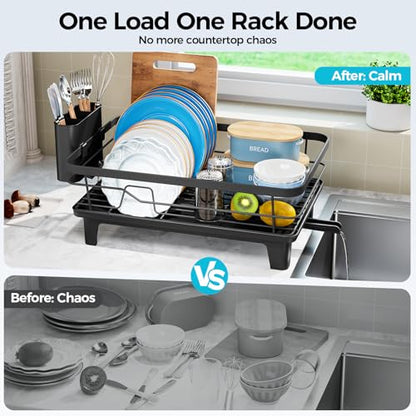 Urakify Dish Drying Rack for Kitchen Counter, 16.5" L x 12.2" W, Black | Large Dish Drainer with Cutlery Holder, Sink Dish Rack with Drainboard for plate dish silverware, Space Saving