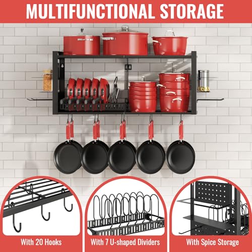 31 Inch Pot Rack Wall Mounted，3 in 1 Pots and Pans Organizer with 2 tier Kitchen Racks & Pot Lid Organizer Holder and 20 Hooks,Heavy Duty Hanging Pot Hanger for Kitchen Cookware, Utensils, Black