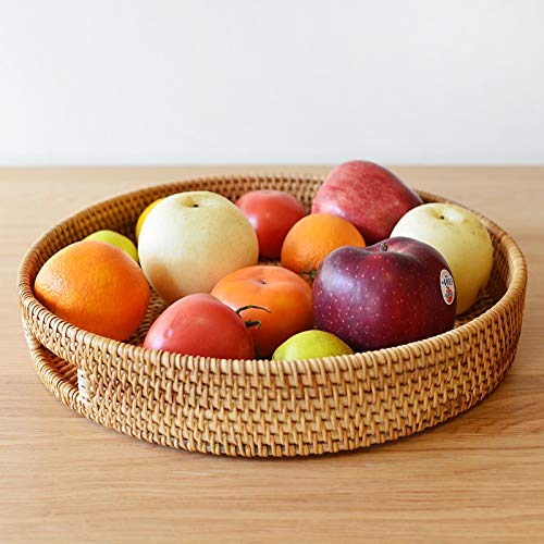 Coffee Table Tray Round Rattan Ottoman Tray Woven Serving Trays with Handles for Home and Kitchen Decorative Natural (Large 14 inch x 2.4 inch)