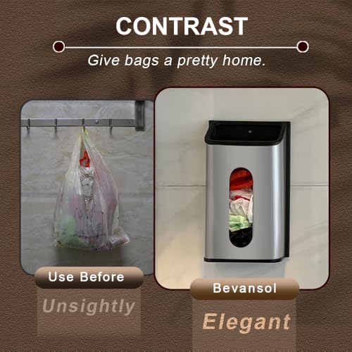Plastic Bags Holder Grocery Dispenser for Kitchen Trash Bag Storage with Stainless Steel Front, Wall Mounted with Extra Wide Easy Access Openings