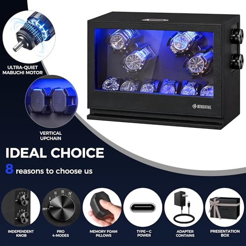 BEWISHOME Watch Winders for Automatic Watches, 4 Watch Winder | 6 Watch Display Case with Led Light 4 Modes, Automatic Watch Winder Box with Japanese Quiet Motor USB-C Adapter, Black SYQ04B