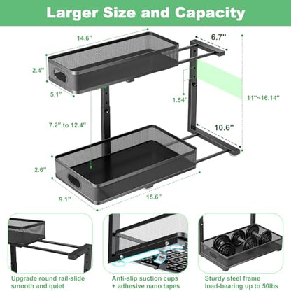 Under Sink Organizer 2 Pack, High Adjustable 2 Tier Under Sink Organizers and Storage, Slide out Metal Cabinet Organizers, Pull out Storage Drawer Shelf for Kitchen Bathroom Cabinet (Black)