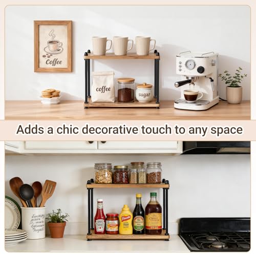 Mkono Bathroom Counter Organizer, 2 Tier Rustic Wood Countertop Sink Shelf | Light Brown, Skincare Makeup Spices Mugs Perfume Holder, Vanity Bedroom Kitchen Coffee Bar Office Storage Decor, Space-Saving
