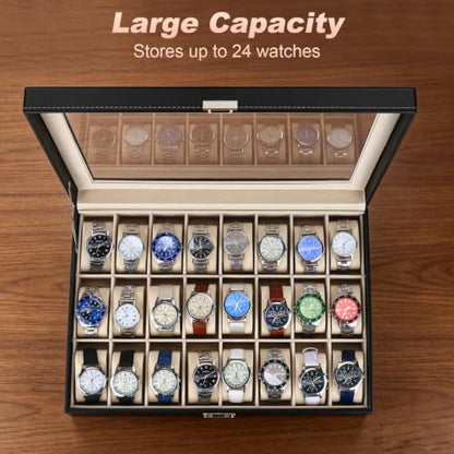 Artilife 24 Slot Watch Box for Men, Watch Cases for Men, Watch Display Case, Glass Top PU Leather Watch Storage Organizer with Removable Pillows for Him