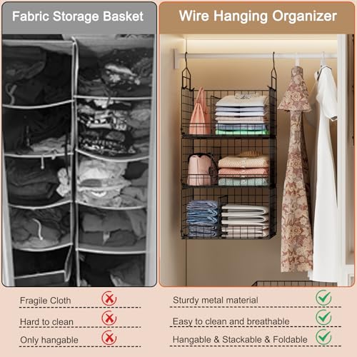 3-Tier Extra Large Closet Hanging Organizer with Dividers, Clothes Hanging Shelves with 2 Hanging Hooks & 5 S-Hooks, Wire Storage Baskets for Sweaters, Shoes, Handbags & Accessories
