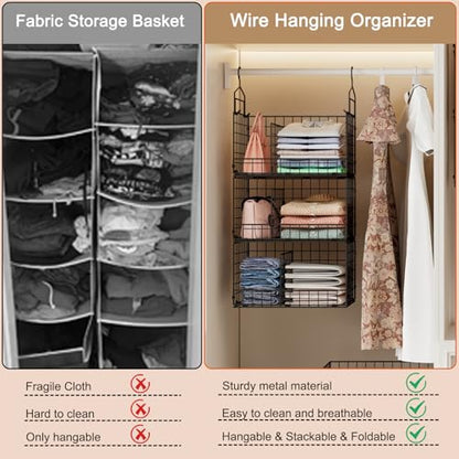 3-Tier Extra Large Closet Hanging Organizer with Dividers, Clothes Hanging Shelves with 2 Hanging Hooks & 5 S-Hooks, Wire Storage Baskets for Sweaters, Shoes, Handbags & Accessories