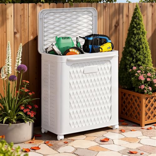 Deck Box, Outdoor Storage Box with Wheels and Lid,... (White | Polypropylene)