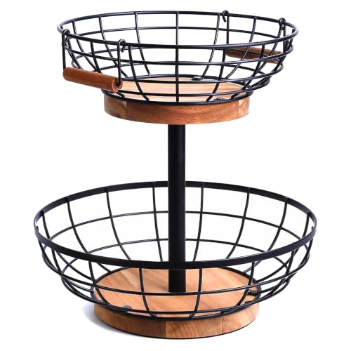 2 Tier Fruit Basket with Banana Hanger, Metal Fruit Bowl Stand with Wooden Base, Kitchen Counter Fruit Organizer for Vegetables, Bread, Snacks Storage Basket