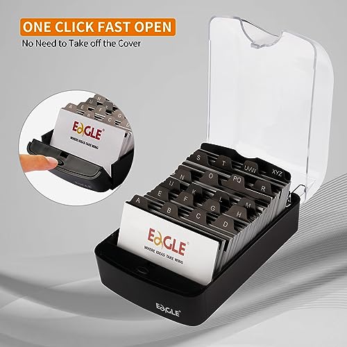 Eagle Business Card Box, Push-Button,Storage up to 350 Cards | Clear push-button cover, 20 A-Z index guides, adjustable card support, fits standard 2 x 3.5 in business cards, black