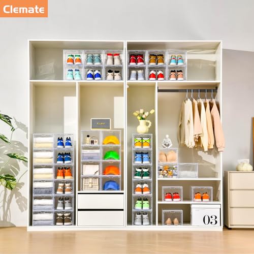 Upgraded X-Large Shoe Organizer,Shoe Storage Organizer,12 Pack,Shoe Box Clear Plastic Stackable,Drop Front Shoe Box with Clear Door, Shoe Containers For Sneaker Display,Fit up to US Size12