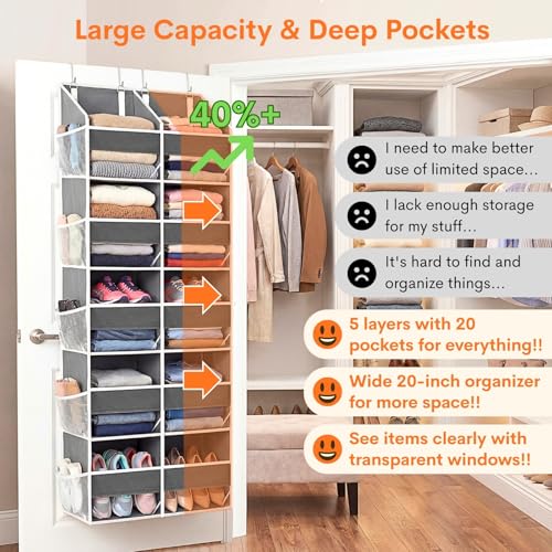 5-Tier Over Door Organizer, 10-Compartment Wide Storage Rack | 20" wide, 80 lbs for heavy family use, 10 side pockets, fits doors for closet, nursery, entryway, dorm, RV, laundry room