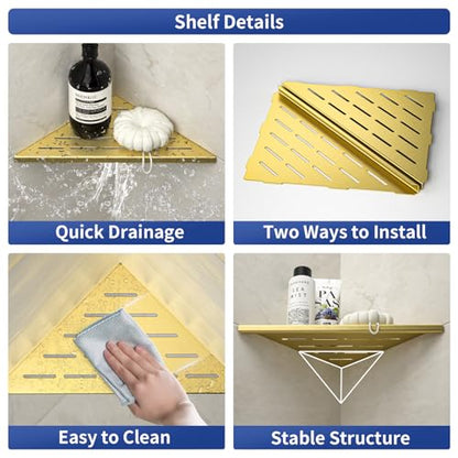 Corner Shower Shelf 10", Gold | 304 Stainless Steel Bathroom Shelf for Tiled Wall, Grout in Shelves, 2 Pack